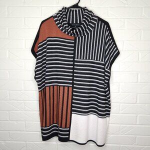 Ming Wang Black Ivory Rust Striped Liquid Knit Turtleneck Pullover Tunic Top S/M